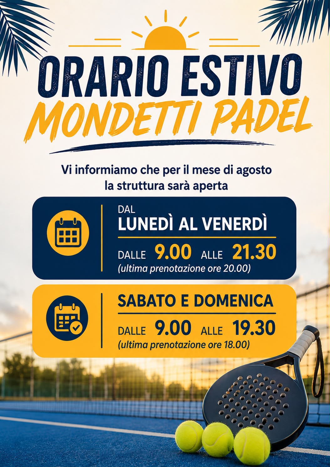 Orario Estivo Mondetti Padel