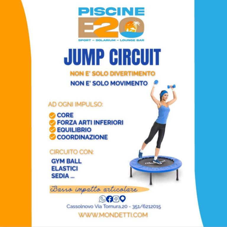Jump Circuit a Cassolnovo: allenamento a circuito su trampolino con gym ball ed elastici alle Piscine E20